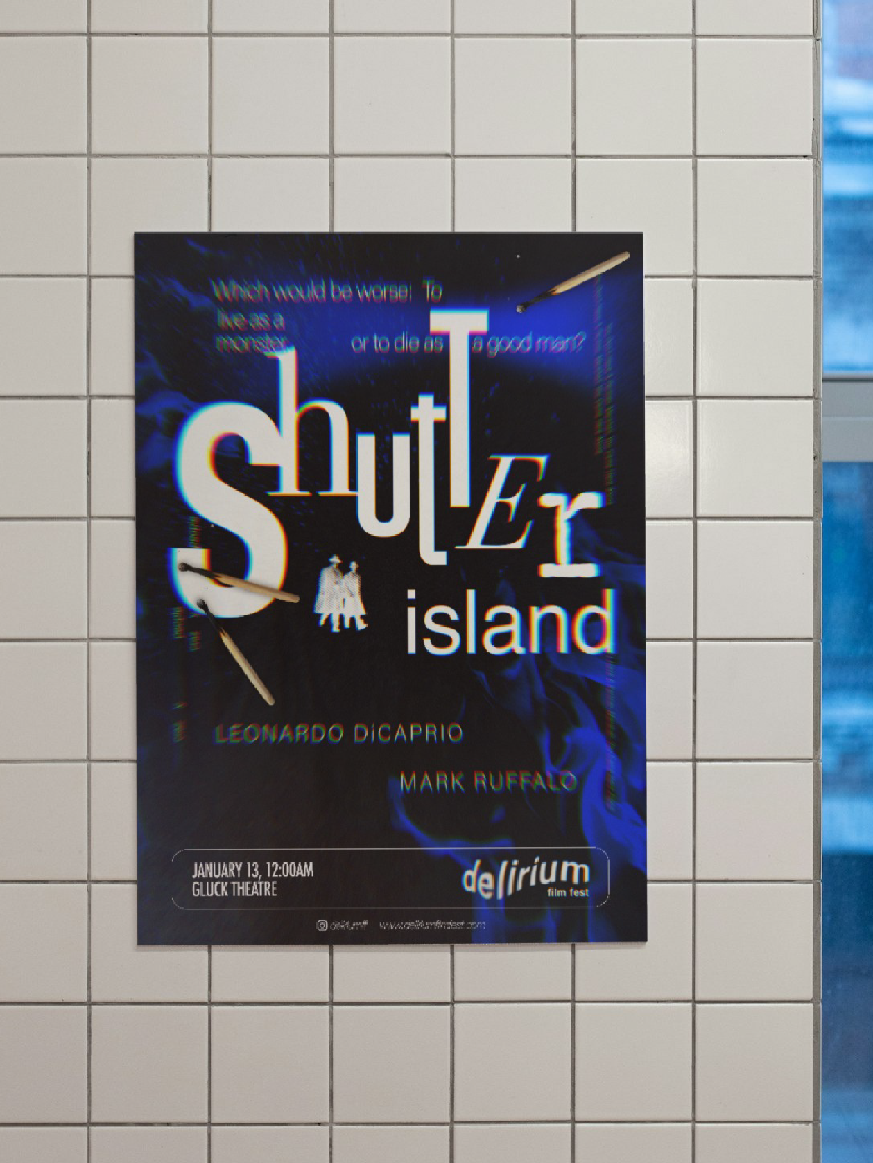 mock up of shutter island movie poster, black backgound with disjointed type treatment and blue smoke and match sticks