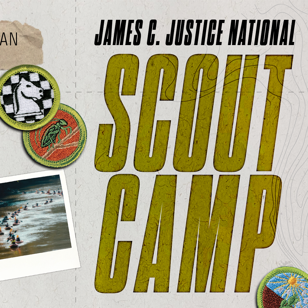 close up of page of a mailer project, large type reading scout camp surrounded by patches and polaroids photos