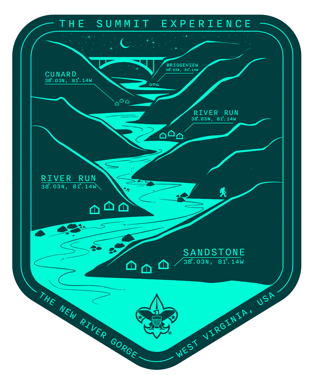 glow in the dark, shield shaped sticker of a river in the new river gorge and coordinates of campsites